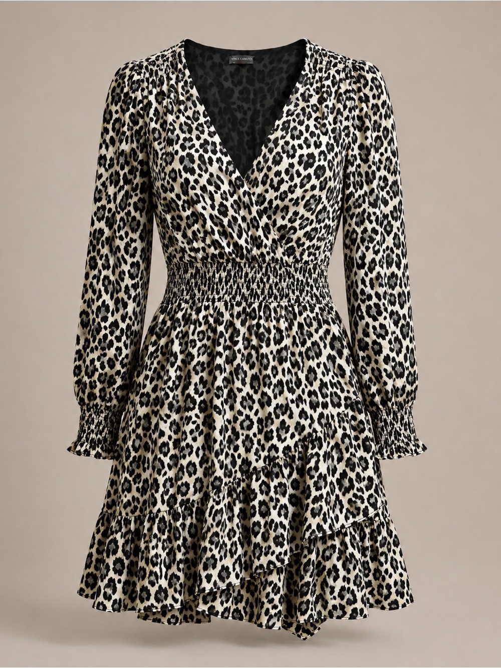 NWT Vince Camuto Leopard Print Smocked Waist Ruffle Mini Dress L